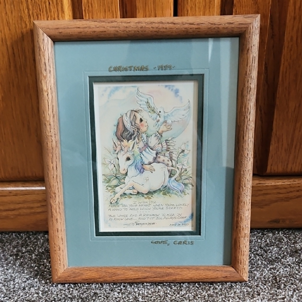 Framed Pastel Illustration with Unicorn and Dove - Blue Mat